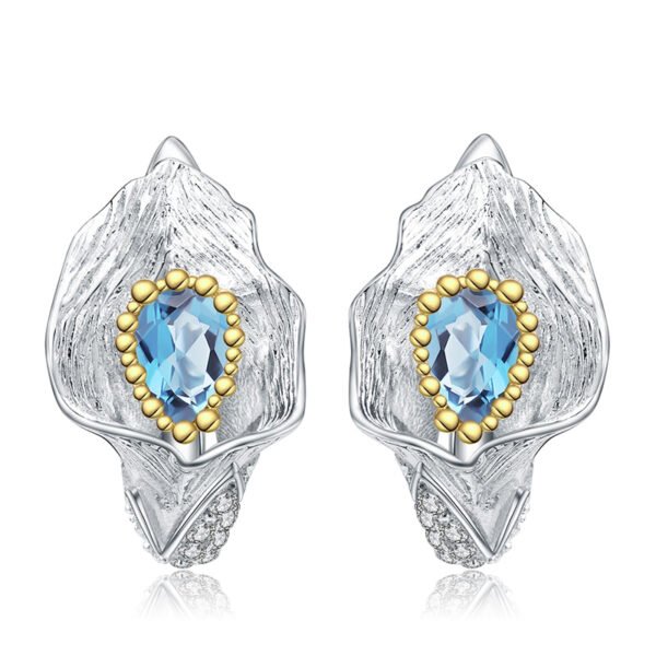1.68Ct Natural Swiss Blue Topaz Callalily Leaf Earrings - 925 Sterling Silver, Handmade Studs for Women Bijoux