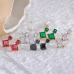 Multicolor Shiny Cubic Zirconia Square Stud Earrings - Stainless Steel, Chic Design, Delicate Fashion, Women's Daily Waterproof Jewelry