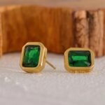 Square Geometric White Green Cubic Zirconia CZ Bling Stud Earrings - Stainless Steel, Waterproof Charm, Women's Basic Jewelry