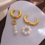 Asymmetrical Natural Pearl Dangle Earrings - Stainless Steel, Golden Metal, Geometric Accessories, Bijoux Femme Fashion Jewelry