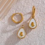 Golden Avocado Drop Huggie Hoop Earrings - Stainless Steel, Natural Shell, Cute Fashion Charm Jewelry