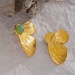 Green Natural Stone Butterfly Wing Stud Earrings - Stainless Steel, Fashion Trendy Statement Charm, Golden Jewelry for Women