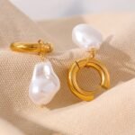 Circle Drop Baroque Pearls Hoop Earrings - Stainless Steel, Trendy Gold Color, Charm Vintage Jewelry for Women