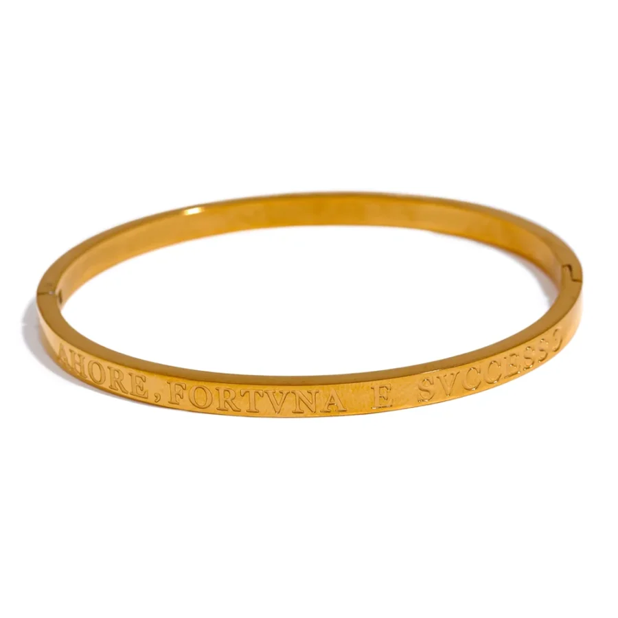 Classic Fashion Waterproof Bracelet - 60mm High-Quality Stainless Steel, Round Smooth Words, 18K Gold Plated Bangle