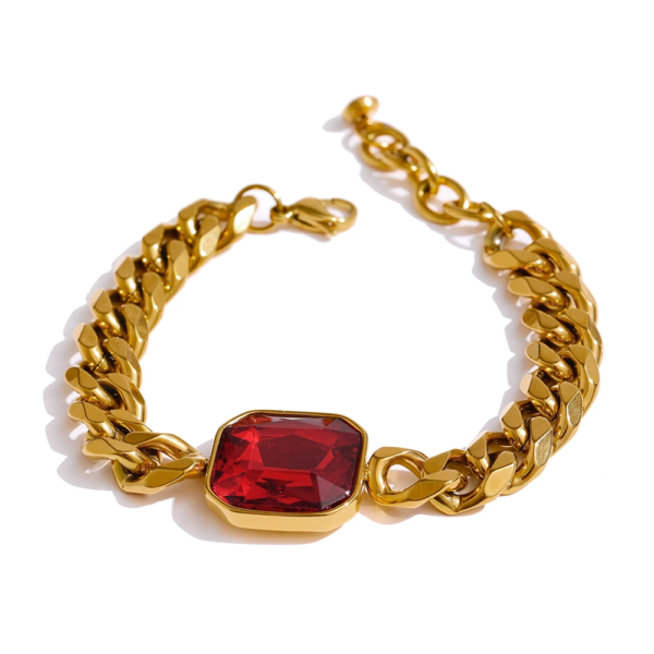 Bold Elegance: Stainless Steel Red Cubic Zirconia Chain Bangle Bracelet - Heavy Metal Golden 18K for Women's Fashion, Bijoux Femme Gift
