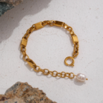 Stainless Steel Minimalist Chain Bracelet - Elegant Natural Pearl - Golden Metal Texture - Jewelry for Women - Bijoux Femme Gift