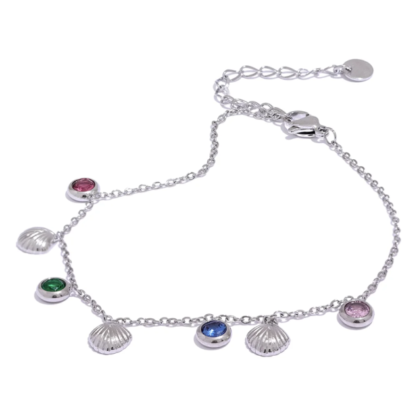 Stylish Stainless Steel Summer Anklet - Colorful Shiny Cubic Zirconia Shell, Fashion Trendy Foot Chain Jewelry for Women (Bijoux Femme)