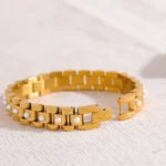 Fashionable 18cm Stainless Steel Charm Bangle Bracelet - Imitation Pearls, PVD Gold Plated, Thick Cuban Chain
