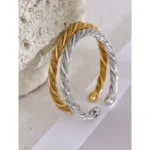 Statement Twisted Round Cuff Bracelet - Waterproof Stainless Steel, Open Bangle for Women, Texture Metal