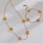 Flower Chain Gold Color Jewelry Set: Stainless Steel Necklace, Bracelet, Bangle