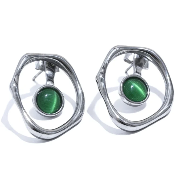 Minimalist Round Hollow Stud Earrings: Stainless Steel, Green Natural Stone, Chic Trendy Femme Jewelry - серьги 2023