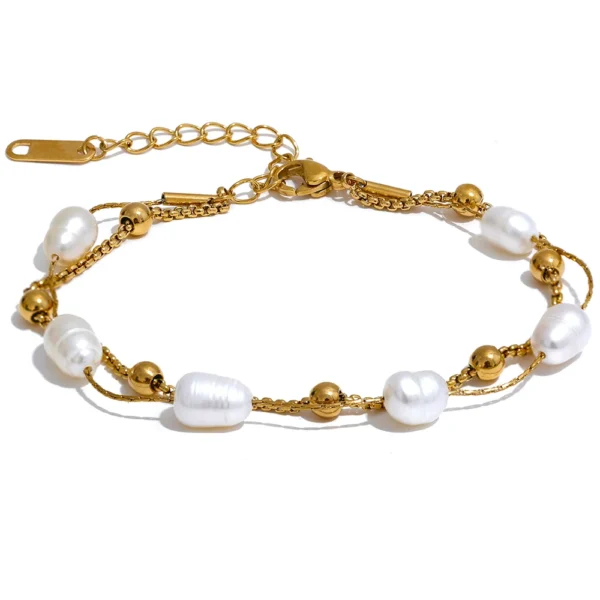 Stylish Stainless Steel Bracelet - Natural Pearls Double Layer Chain, Waterproof Charm Bangle for Women's Summer Jewelry