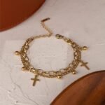 Charm Cross-Layered Bracelet: Stainless Steel 14K Plated Trendy Golden Wrist Jewelry for Women with Unique Design
