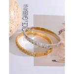 Wide Stainless Steel Bracelet - High-Grade Shiny Cubic Zirconia, Gold and Silver Colors
