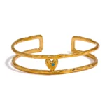 Elegant Hollow Heart Cuff Bracelet - Minimalist Double Layer Stainless Steel, Wide Design, Waterproof Arm Jewelry for Women