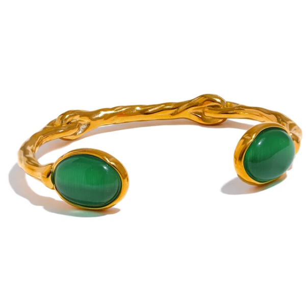 Statement Stainless Steel Bracelet - Green Natural Stone, Gold Color Cuff, High-Quality Textured Stylish Jewelry for Women