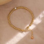Golden Metal Charm: Stainless Steel Bead Chain Bangle Bracelet with Cubic Zirconia - Trendy and Waterproof