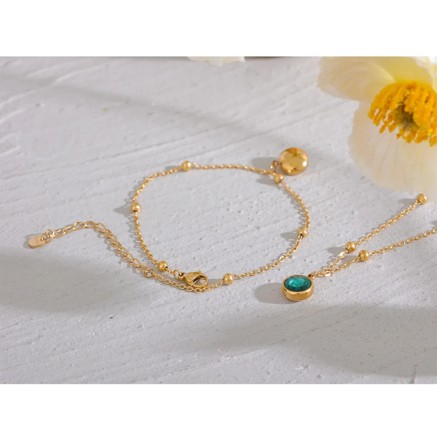 Stylish Anklet: Stainless Steel Gold Color with Exquisite Pink and Green Cubic Zirconia Chain, Waterproof Summer Jewelry for Women