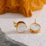 Round Natural Shell Huggie Hoop Earrings - Stainless Steel, 18K Gold Plated, High-Quality Charm Jewelry