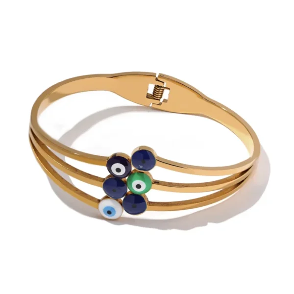 Eye-Catching Blue Enamel Eye Stainless Steel Bracelet - Wide Bangle, Gold Color Charm, Trendy and Waterproof Jewelry for Women