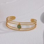 Boho Green Stone Open Bracelet: Golden Waterproof Charm, Stainless Steel, Summer Arm Jewelry for Women, Gift