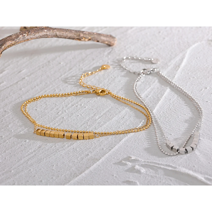Waterproof Stainless Steel Square Bead Chain Layered Anklet - Gold Color Statement Summer Sandy Beach Jewelry
