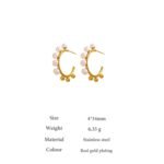 Stainless Steel Natural Pearl Stud Earrings: High-Quality, Metal Golden, France for Women, Waterproof Fashion Jewelry Gift