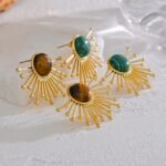 Fashion Stainless Steel Stud Earrings: Natural Stone Inlaid, Fan Shape, Fireworks Tiger Malachite, Trendy Charm, Golden Jewelry