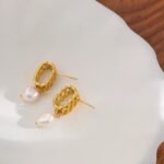 Natural Freshwater Pearl Dangle Earrings: Stainless Steel, Trendy Golden Geometric, Pendientes de Acero Inoxidable