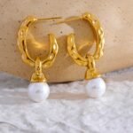 Vintage Imitation Pearls Hoop Earrings: Drop, Gold Color Stainless Steel, Geometric, Women's Trendy European Jewelry Gift