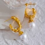 Vintage Imitation Pearls Hoop Earrings: Drop, Gold Color Stainless Steel, Geometric, Women's Trendy European Jewelry Gift