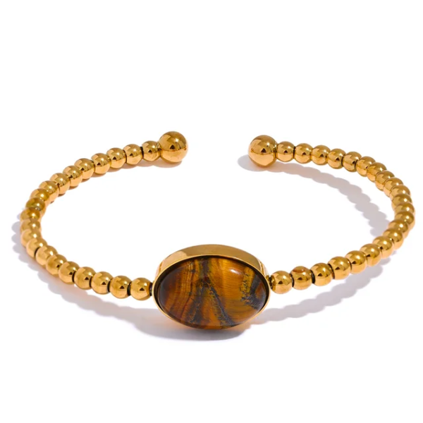 Open Circle Cuff Bracelet - Natural Tiger Stone, Stainless Steel, Gold Color Bangle