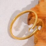 Fashion Heart Cubic Zirconia Bracelet: Stretch Metal Stainless Steel, Open Texture, Waterproof, 18K Gold Color Jewelry