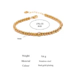 Golden Metal Charm: Stainless Steel Bead Chain Bangle Bracelet with Cubic Zirconia - Trendy and Waterproof