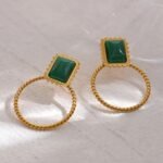 Green Opal Stone Stud Earrings: Stainless Steel, Round Hollow, Golden Trendy Jewelry for Women - Pendientes Mujer Gift