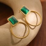 Green Opal Stone Stud Earrings: Stainless Steel, Round Hollow, Golden Trendy Jewelry for Women - Pendientes Mujer Gift