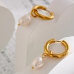 Natural Pearl Hoop Earrings - 316L Stainless Steel, Trendy Metallic Golden, Geometric Jewelry Accessories