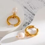 Natural Pearl Hoop Earrings - 316L Stainless Steel, Trendy Metallic Golden, Geometric Jewelry Accessories