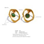 Minimalist Round Hollow Stud Earrings: Stainless Steel, Green Natural Stone, Chic Trendy Femme Jewelry - серьги 2023