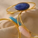 Natural Stone Lapis Lazuli Cuff Bracelet: New Stainless Steel, 18K Gold Plated, Waterproof, Fashion Women Party Charm Jewelry