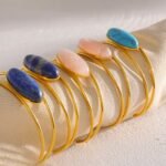 Natural Stone Lapis Lazuli Cuff Bracelet: New Stainless Steel, 18K Gold Plated, Waterproof, Fashion Women Party Charm Jewelry
