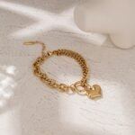 Heart Pendant Bracelet: Statement Stainless Steel, Gold 18K Plated, Trendy Metal Texture - Fashion Jewelry for Women