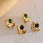 Fashion Stainless Steel Stud Earrings: Natural Stone Inlaid, Fan Shape, Fireworks Tiger Malachite, Trendy Charm, Golden Jewelry