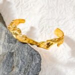 Irregular Geometric Open Cuff Bangle: Waterproof 18K Gold Color Stainless Steel Bracelet