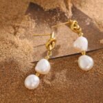 Natural Pearl Drop Earrings - Stainless Steel, Charm, Metal Gold Geometric, 18K Plated