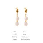 Natural Pearl Drop Earrings - Stainless Steel, Charm, Metal Gold Geometric, 18K Plated