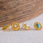Blue Turquoise Stone Pearls Stud Earrings: Stainless Steel, Gold Color, Fashion Vintage France Jewelry Gift