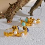 Natural Stone Imitation Pearls C Shape Earrings: Stainless Steel, Stylish Gold Color, Chic Vintage Jewelry for Women