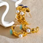 Natural Stone Imitation Pearls C Shape Earrings: Stainless Steel, Stylish Gold Color, Chic Vintage Jewelry for Women