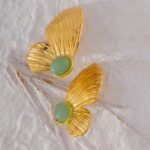 Green Natural Stone Butterfly Wing Earrings: Stainless Steel, Fashion Trendy Statement, Charm Golden Jewelry for Women